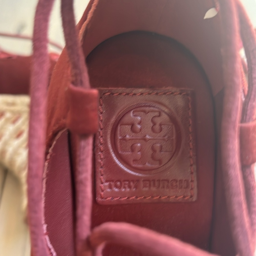 Tory Burch High Heels Wedge Espadrilles Pompoms Satin Merlot size 5.5 - Picture 10 of 10